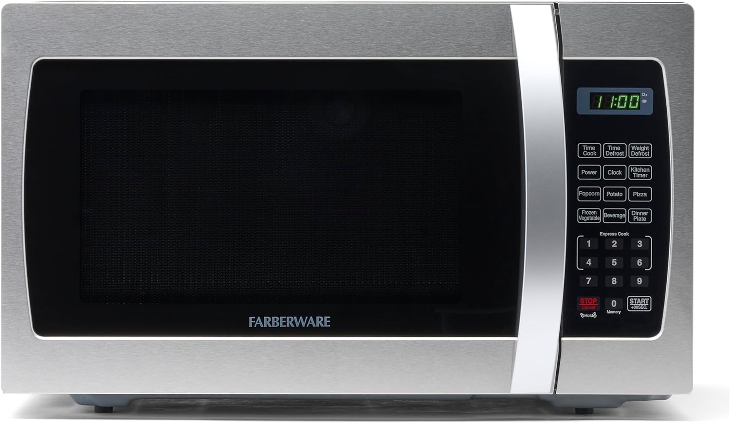 A front view of a microwave oven
