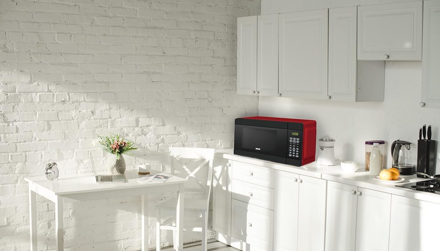 A tabletop microwave.