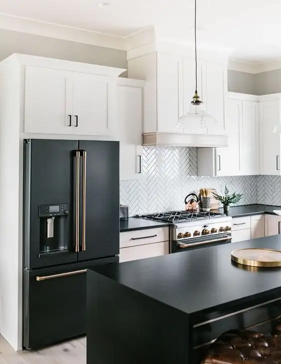 white cabinets with black appliances